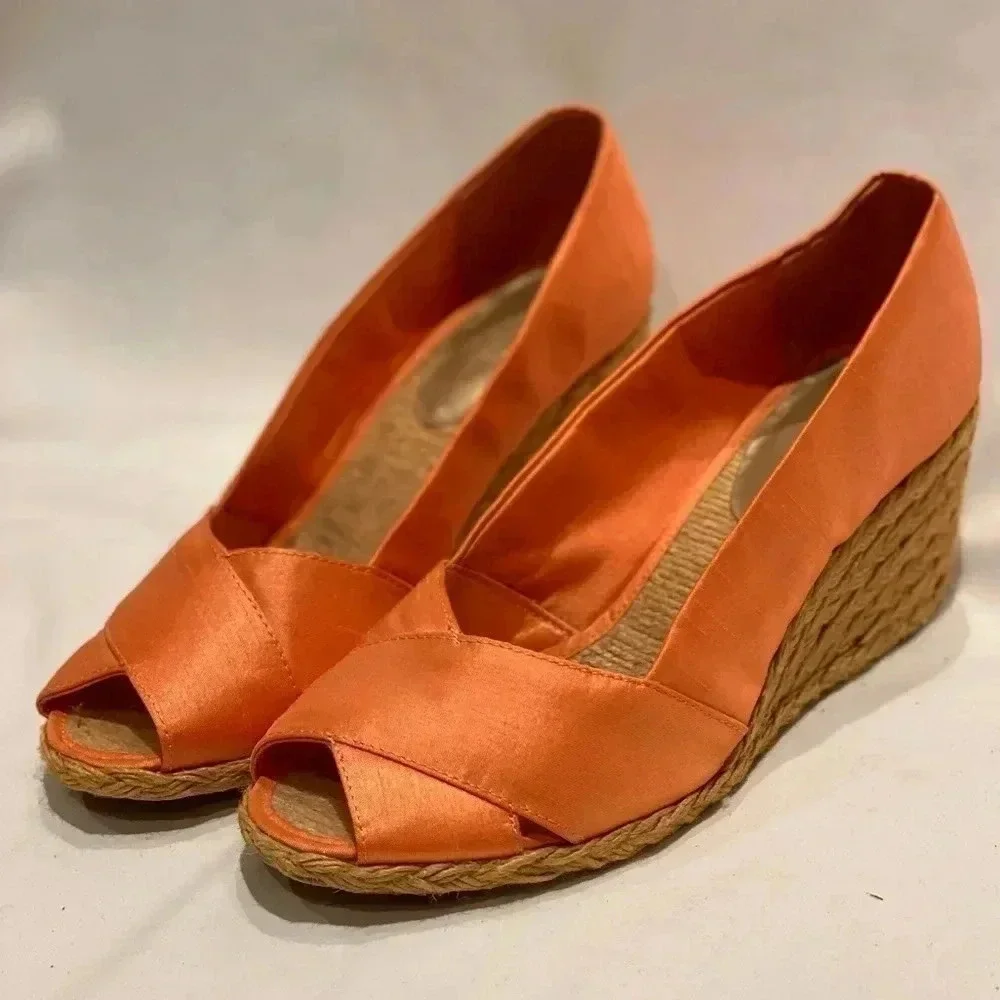 Adrienne Vittadini Bailee Peach Silk Espadrille Wedge Heels, size 11